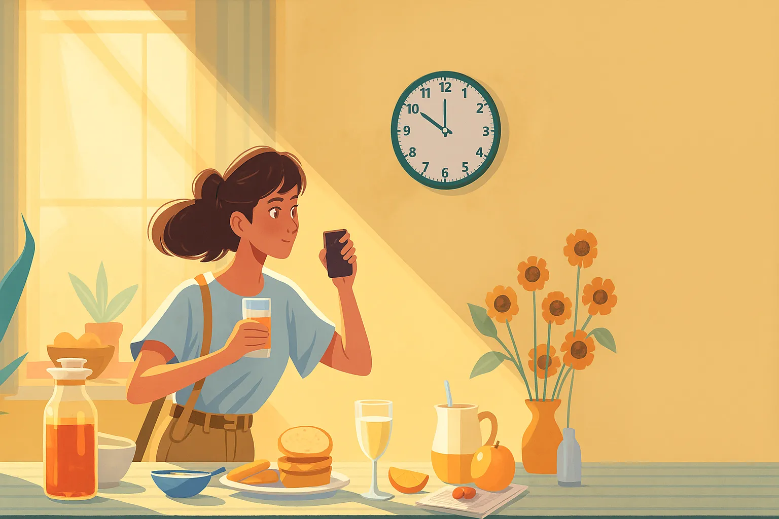 時計を見ながら朝食を取る女性のイラスト。日の光が差し込む朝の雰囲気。