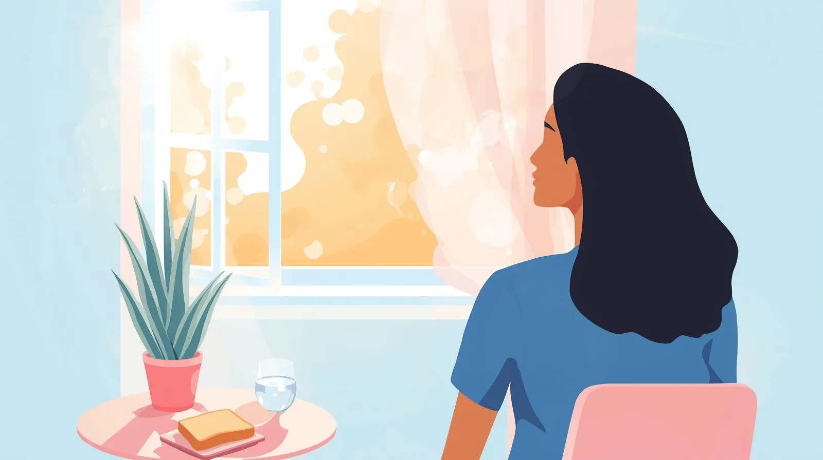 朝の光が差し込む部屋で、カーテンを開けて深呼吸する女性のイラスト。テーブルの上には水とトーストが置かれており、1日の始まりを穏やかに迎えている様子。