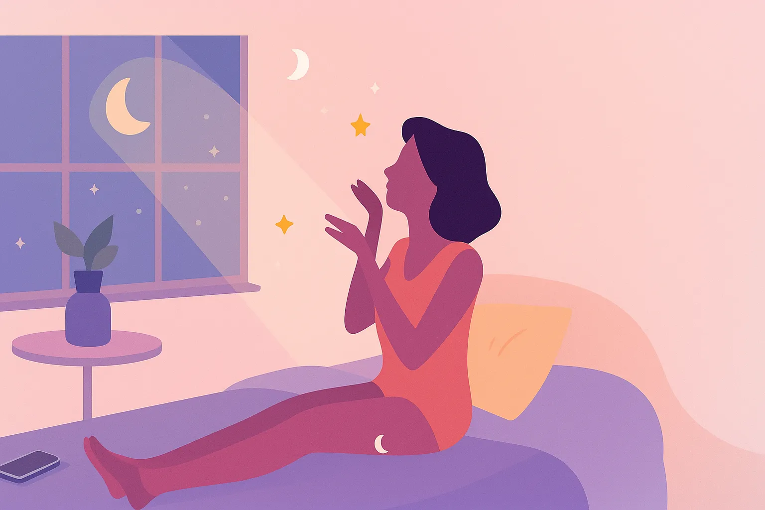 寝る前にスマホを手放してリラックスする女性のイラスト。月と星の静かな夜の雰囲気。